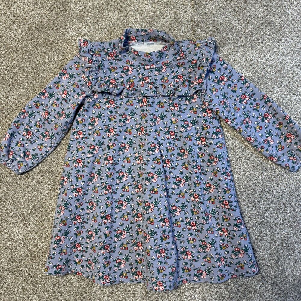 Mini Boden Ruffle Girls Dress 3-4Y Blue Floral Long Sleeve Cotton